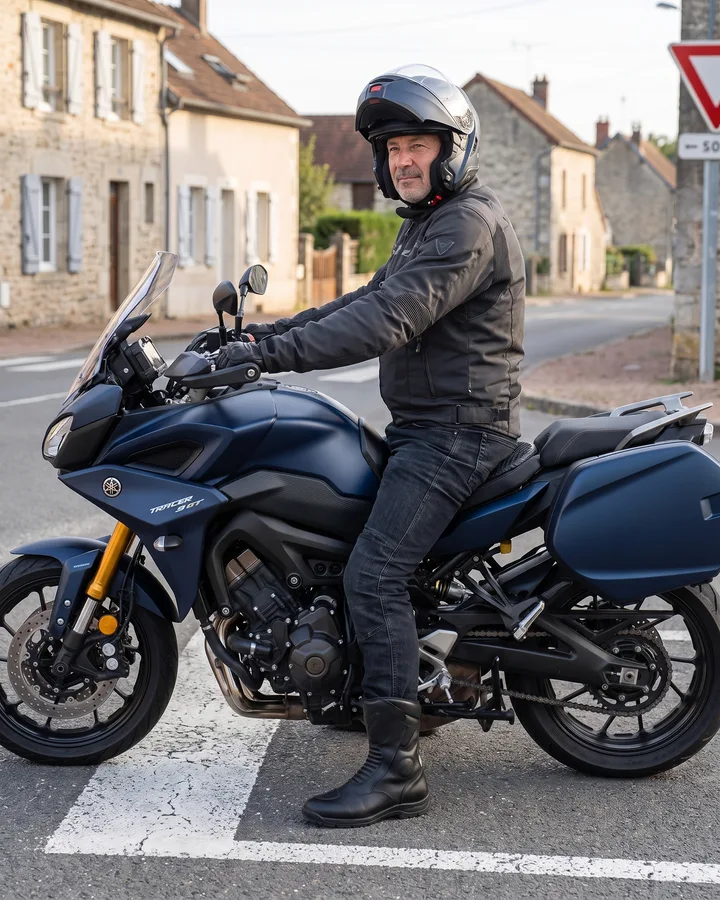 Motard arrêté à un stop, les pieds à plat au sol, avec le coussin SelleZen sur sa selle